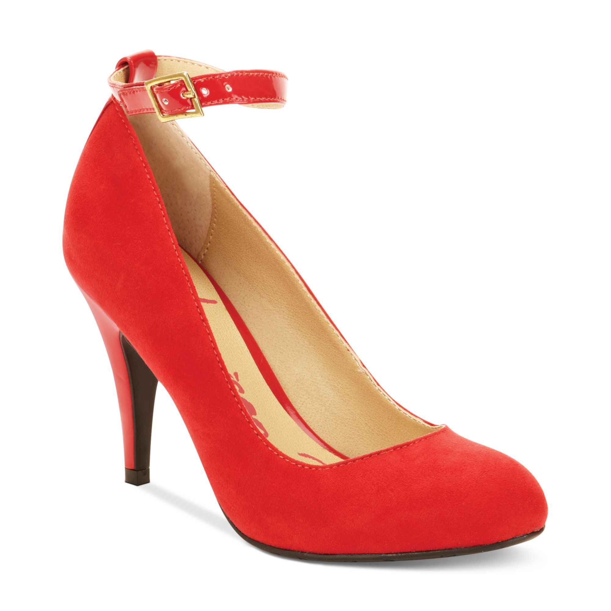 red ankle strap pumps