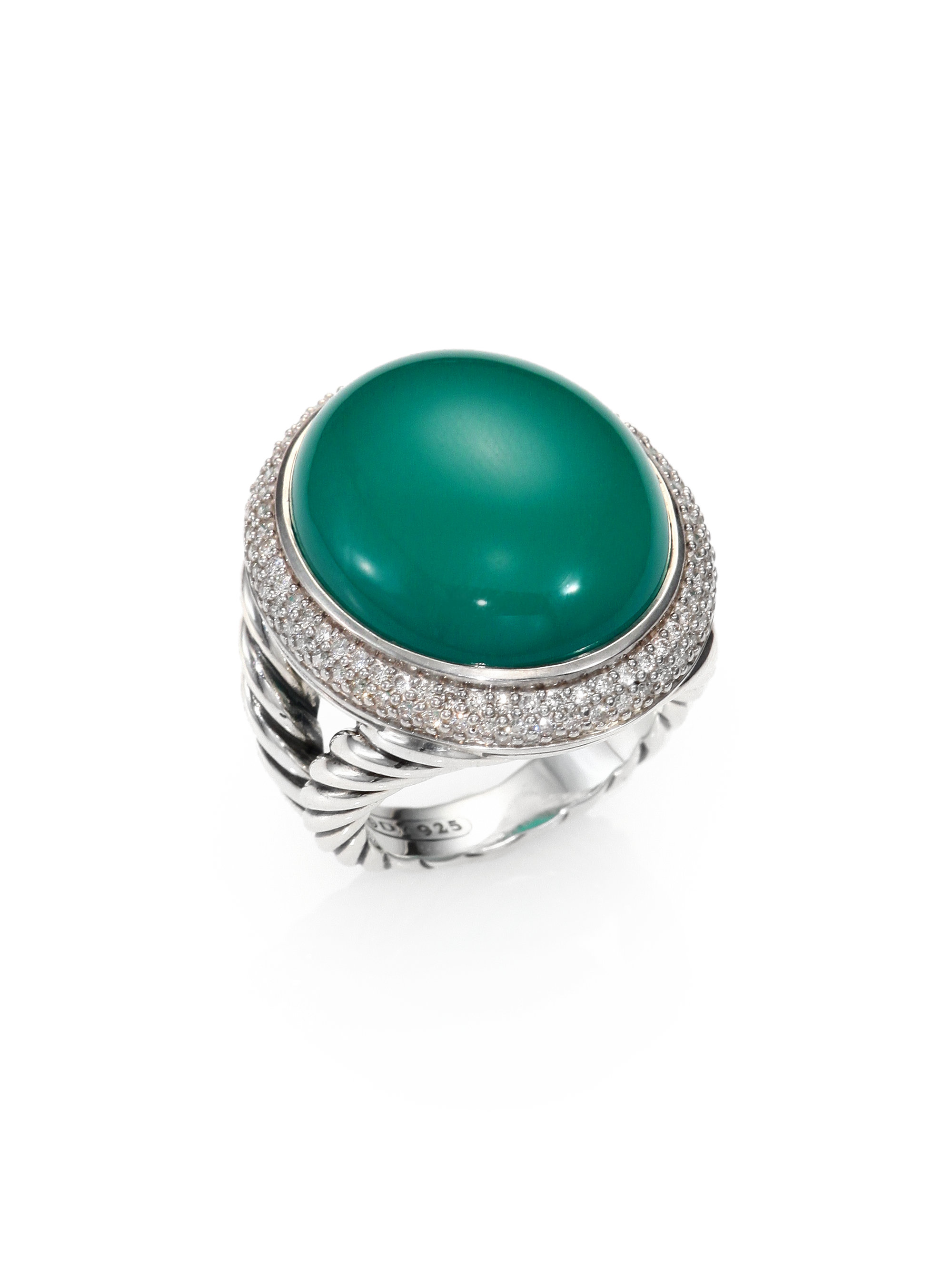 David Yurman Green Onyx Diamond Sterling Silver Cabochon Ring in Green
