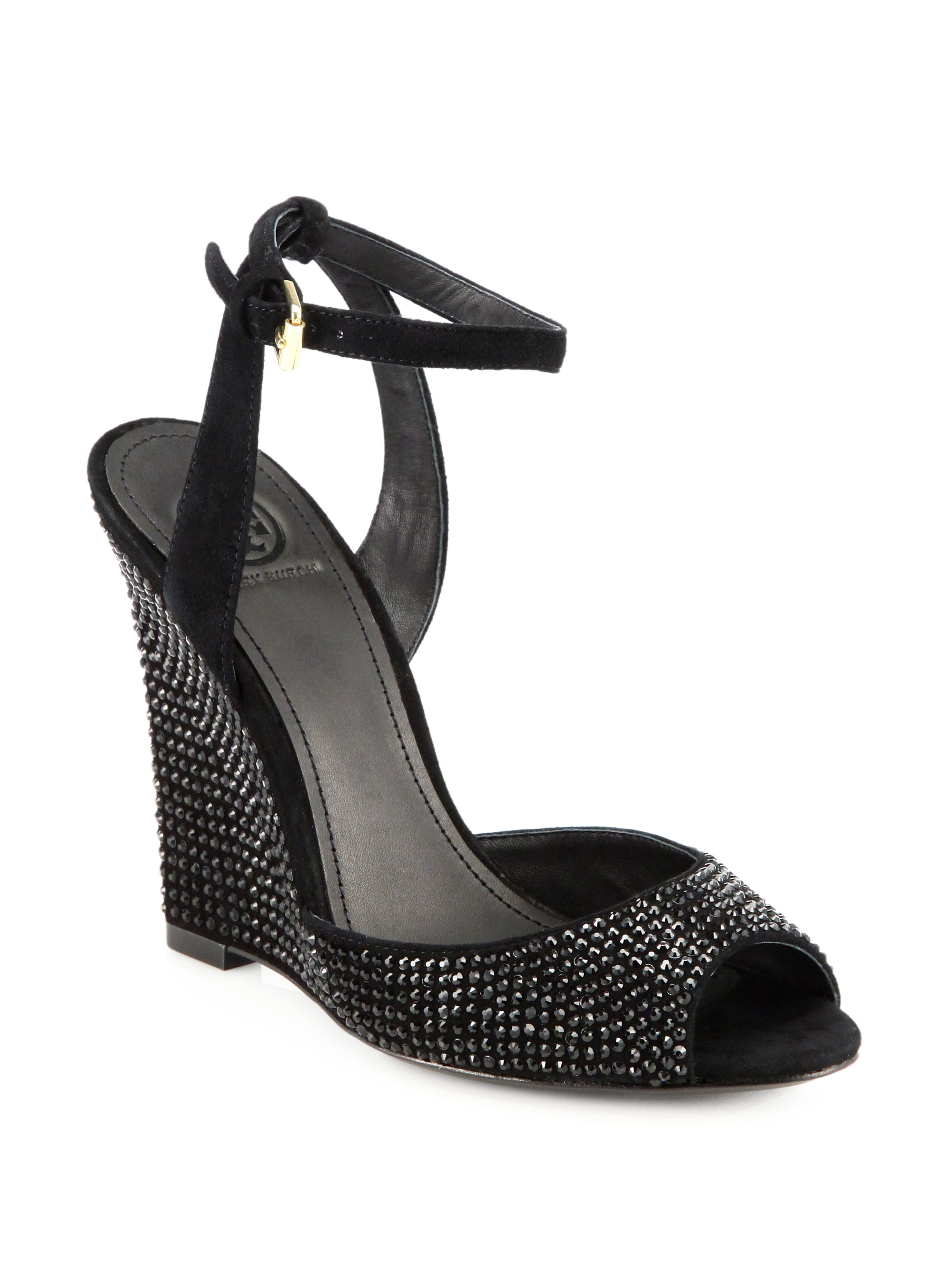Tory Burch Lila Jeweled Suede Wedge Sandals in Black | Lyst