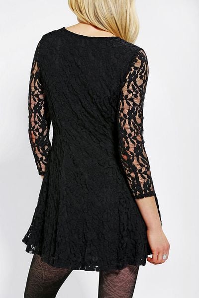 Urban Outfitters Long Sleeve Lace Skater Dress in Black | Lyst