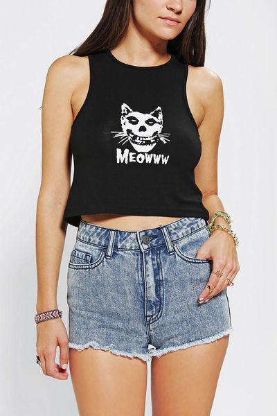 Urban Outfitters Omighty Meow Cropped Tank Top in Black (WHITE) | Lyst