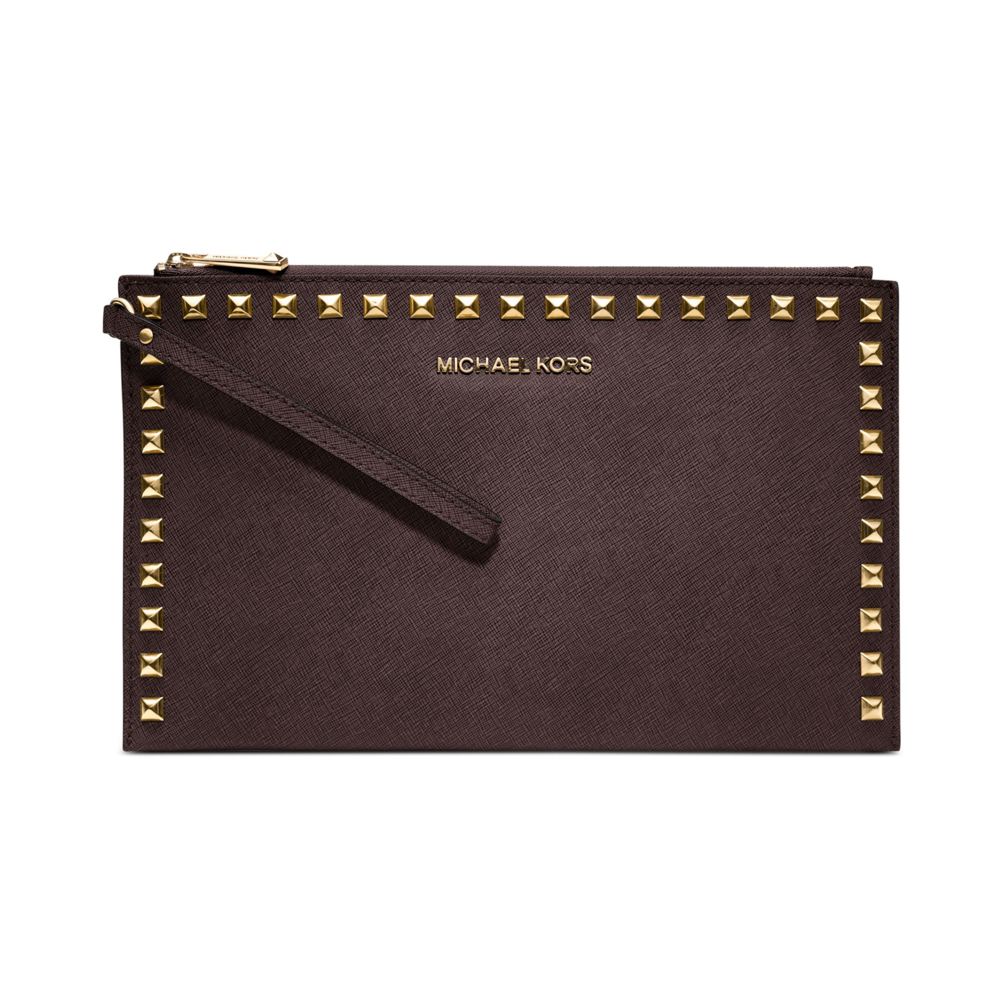 Michael Kors Selma Stud Large Zip Clutch in Brown (COFFEE)