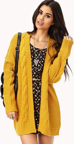 Forever 21 Longline Mixed Knit Cardigan in Yellow (Mustard) | Lyst