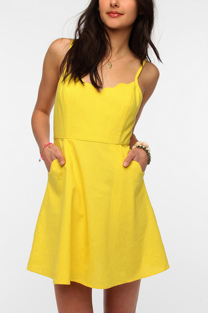 Urban Outfitters Cope Scallop-Trim Linen Dress in Yellow | Lyst