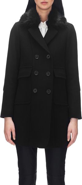 Whistles Lexi Faux Fur Collar Double Breasted Coat in Black | Lyst
