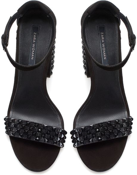 Zara Block Heel Sandal with Rhinestones in Black | Lyst