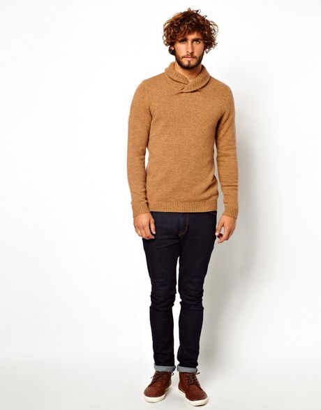 star Raw Asos Lambswool Shawl Neck Sweater in Brown for Men (Tan ...