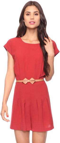 Forever 21 Waistline Pleats Romper W Belt in Red (BRICK)