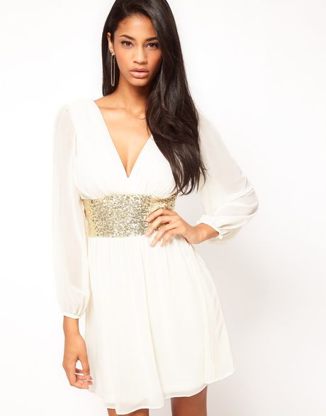 Asos Collection Asos Party Dress with Sequin Band in White (creamgold)