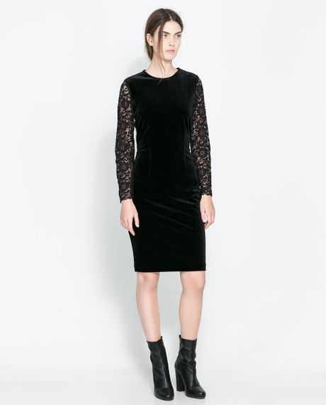 Zara Velvet Lace Dress in Black | Lyst