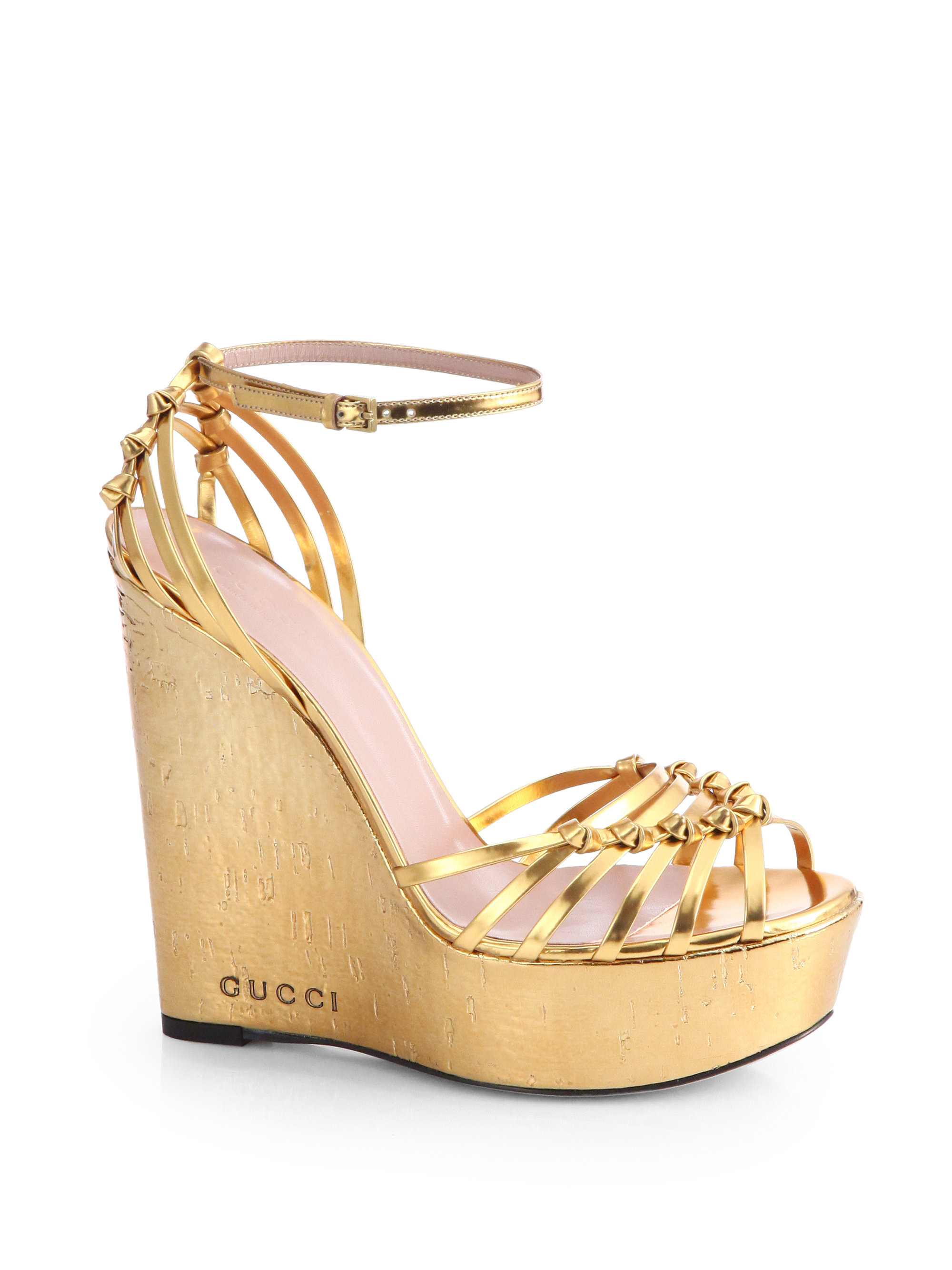 Gucci Metallic Leather Cork Wedge Sandals in Gold | Lyst