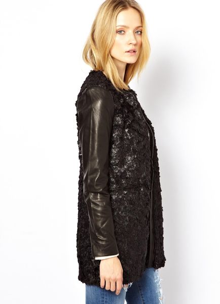 Aldo Joes Jeans Textured Coat with Leather Sleeves in Black | Lyst Aldo Joes Jeans Textured Coat with Leather Sleeves in Black | Lyst