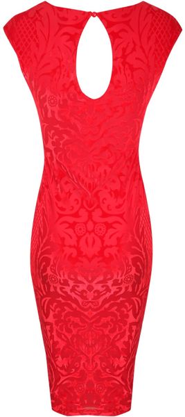 Jane Norman Devore Bodycon Midi Dress in Red