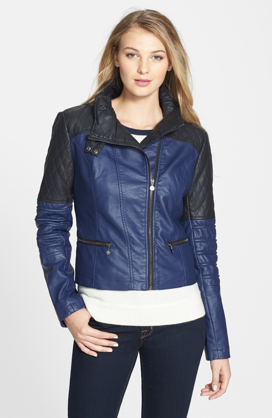 Kensie Asymmetrical Zip Two Tone Faux Leather Moto Jacket in Blue (Navy