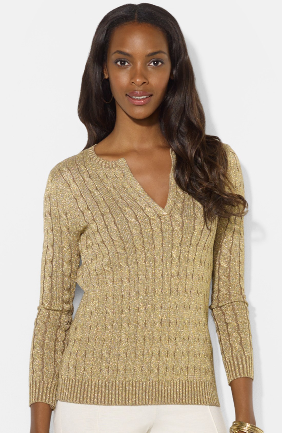 Lauren By Ralph Lauren Split Neck Cable Knit Sweater in Gold Lyst