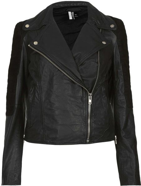 Topshop Mixed Leather Biker Jacket in Black | Lyst
