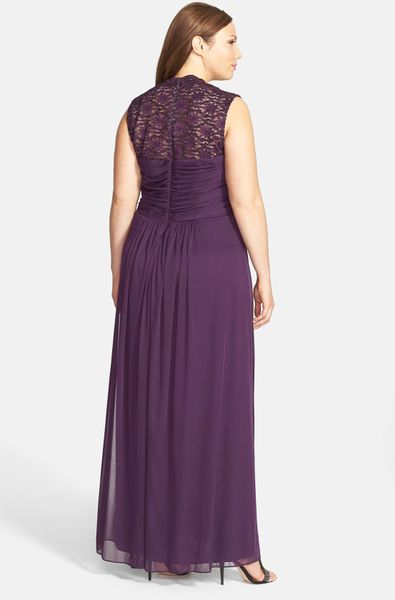 Xscape Lace Yoke Ruched Jersey Gown in Purple (Plum)