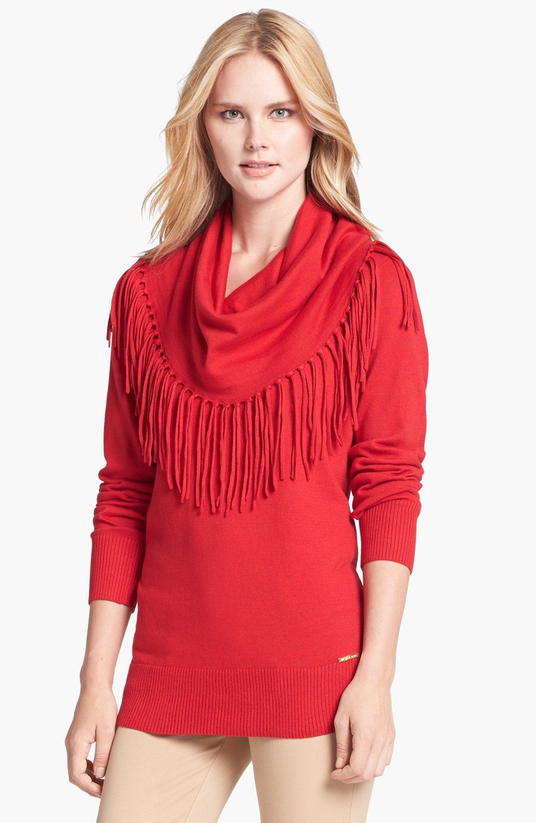 Michael Michael Kors Fringed Cowl Neck Sweater In Red Cream Lyst 