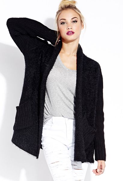 Forever 21 Cozy Mixed Knit Cardigan in Black | Lyst