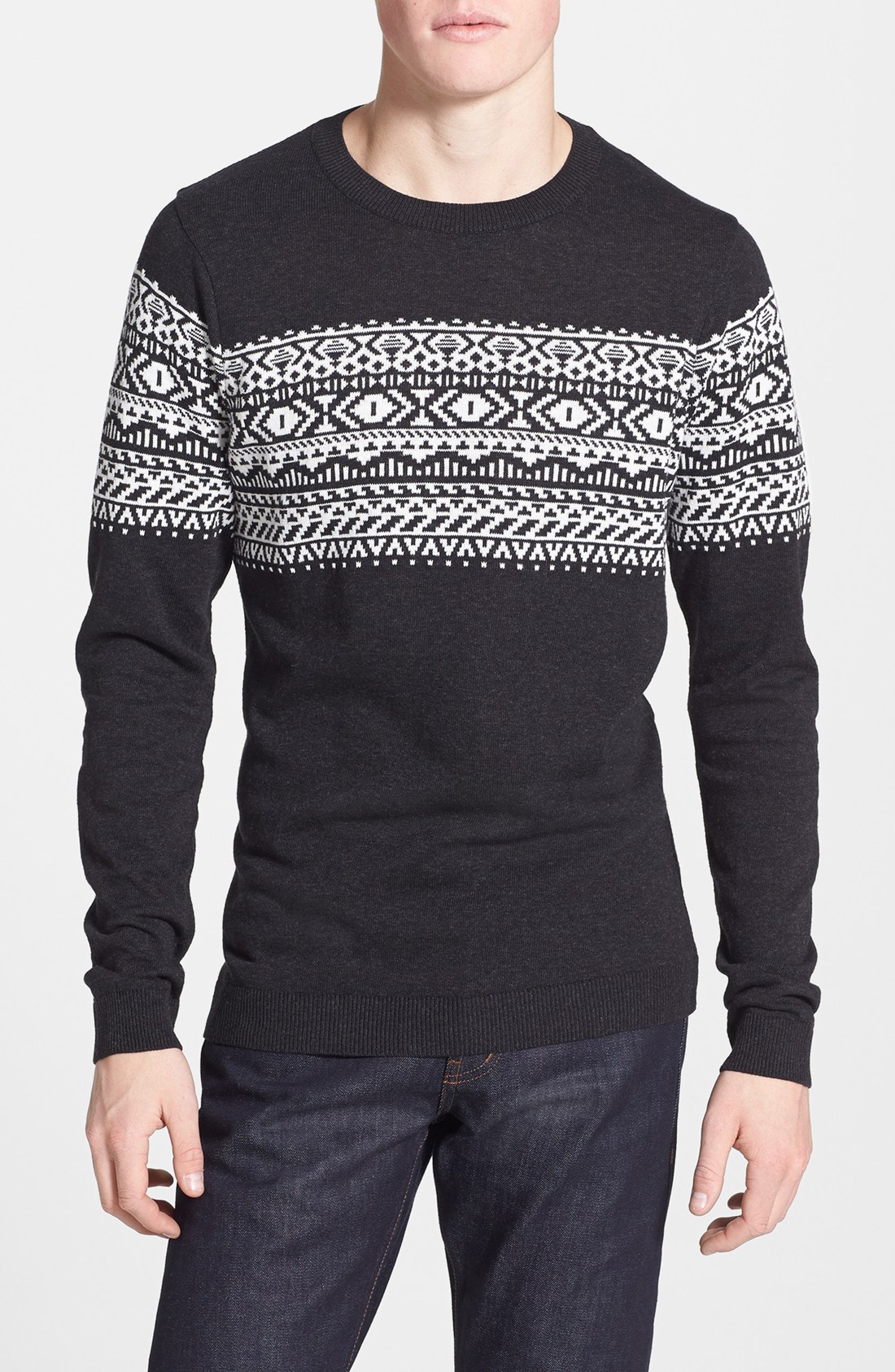 Topman Aztec Pattern Crewneck Sweater in Gray for Men (Charcoal) Lyst