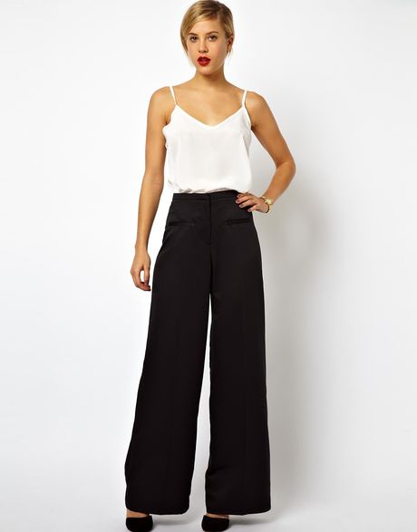 Asos Wide Leg Trousers in Satin in Black | Lyst