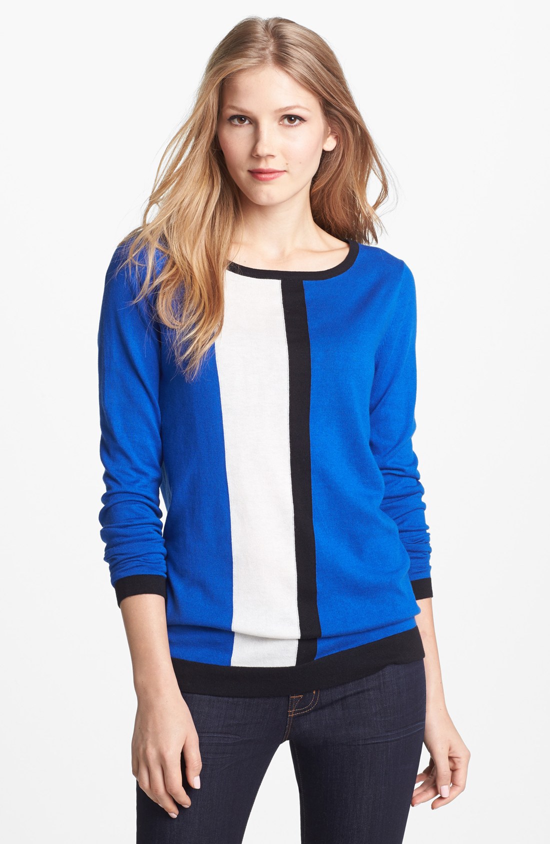 Vince Camuto Vertical Stripe Color Block Cotton Blend Sweater in Blue