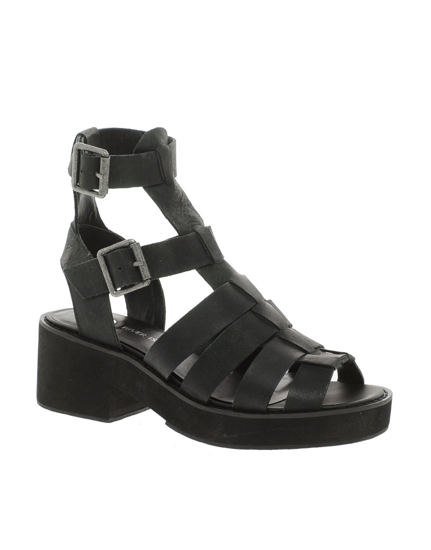 Asos River Island Block Heel Gladiator Sandals in Black | Lyst
