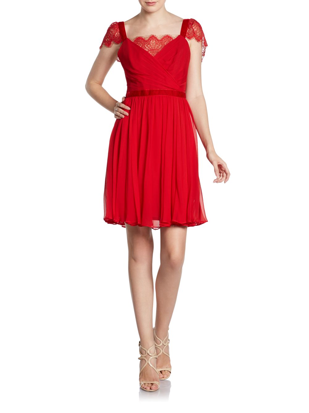 Notte By Marchesa Lace Cap Sleeve Cocktail Dress In Red Lyst 