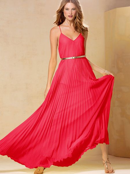 Victoria's Secret Knifepleat Maxi Dress in Red (neon red) | Lyst