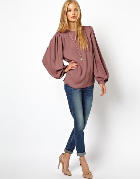 Asos Top With Balloon Sleeve And Gathered Detail in Pink (Dustypurple ...