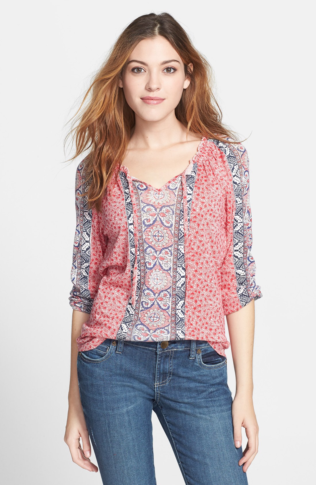Lucky Brand Big Sur Mixed Print Peasant Top in Red (Red Multi) Lyst