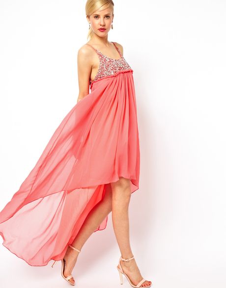 Asos Dipped Hem Maxi Dress with Embellished Top in Pink