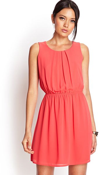 Forever 21 Pleated Moment Fit Flare Dress in Pink (Coral)