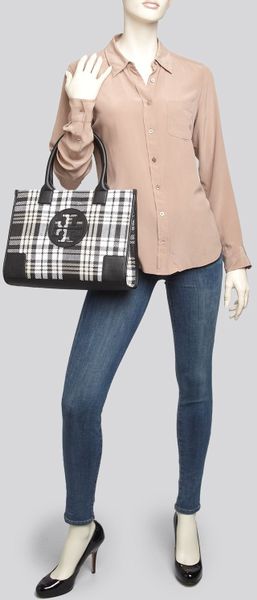 tory burch ella plaid tote