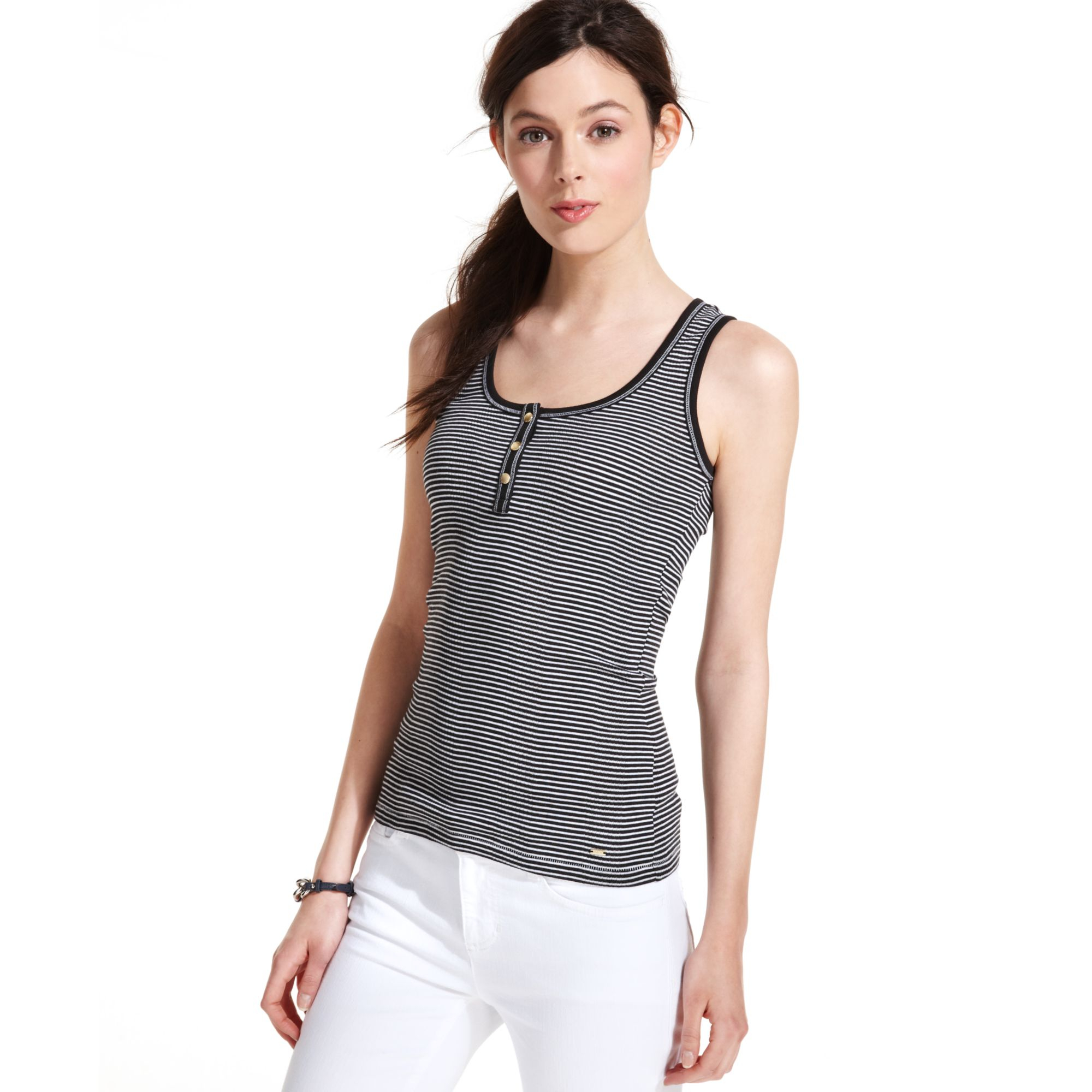 Tommy Hilfiger Striped Ribbed Tank Top in Black (Black/Bright White) | Lyst