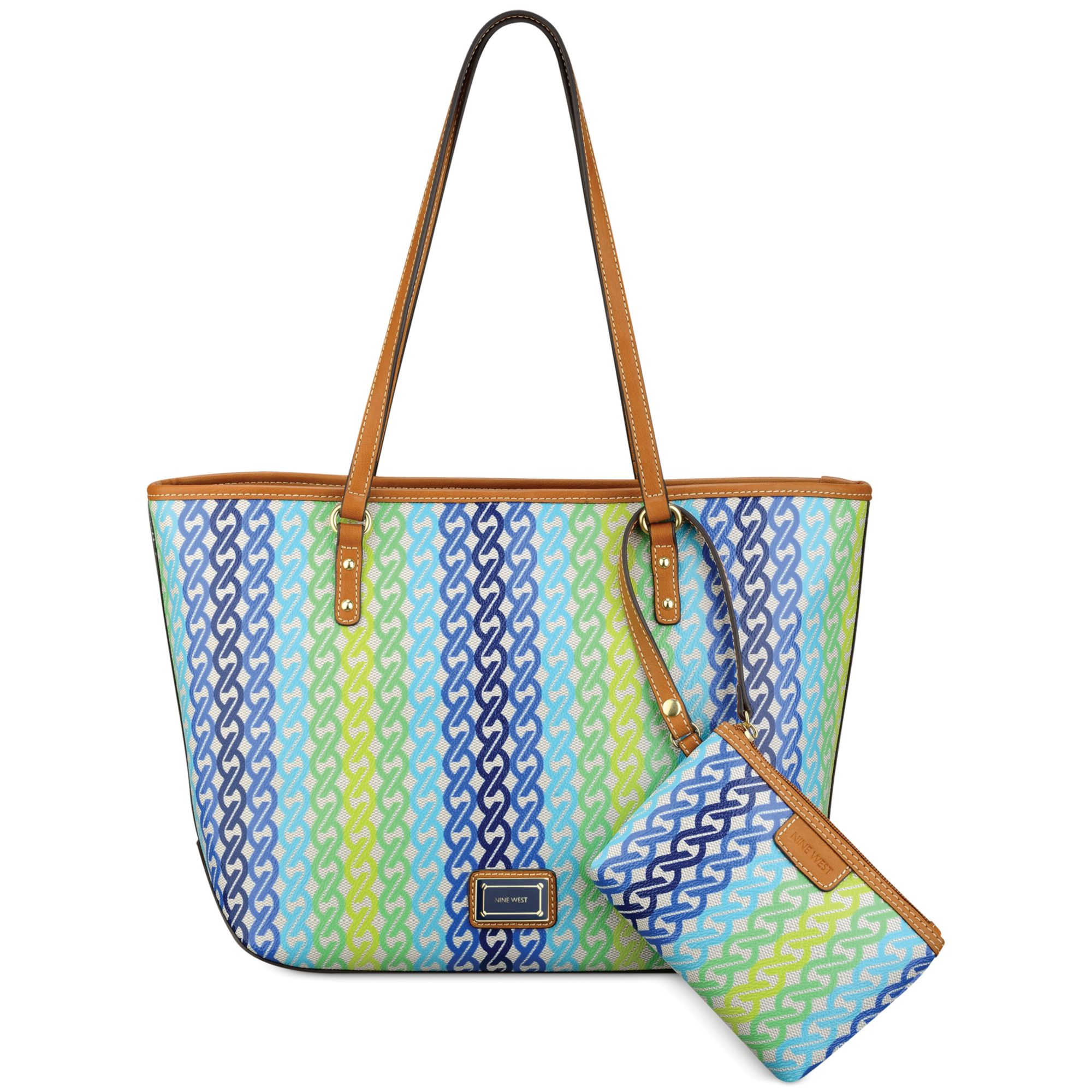 nine west printed chain medium tote in multicolor blue nine west printed chain medium tote in multicolor blue
