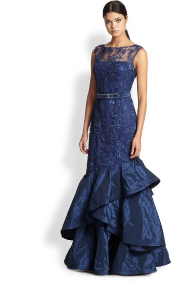 Teri Jon Lace And Taffeta Gown In Blue Sapphire Lyst 9576