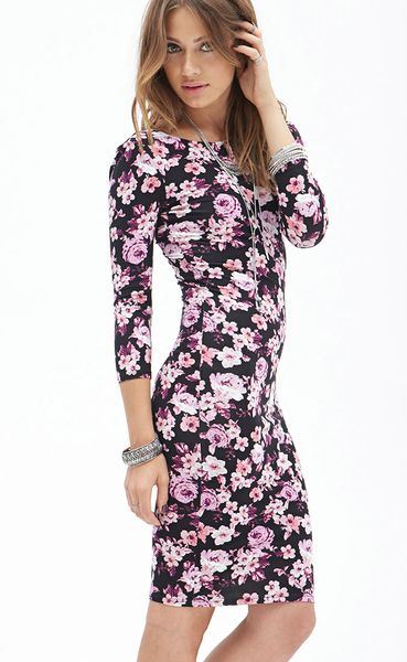 Forever 21 Floral Print Midi Dress in Floral (Blackpurple)