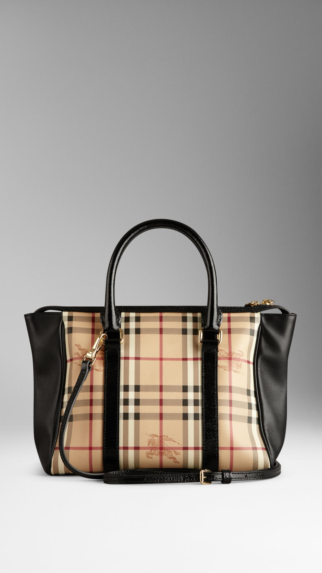 Burberry Medium Haymarket Check and Leather Tote Bag in Black | Lyst