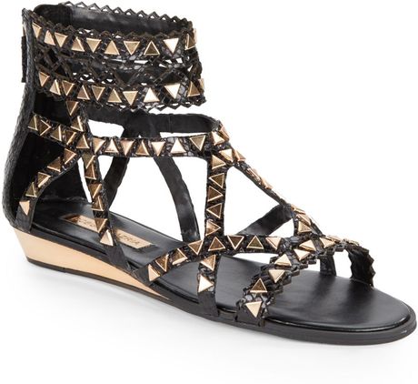 Bcbgmaxazria Brianna Embellished Low Wedge Sandals in Black | Lyst
