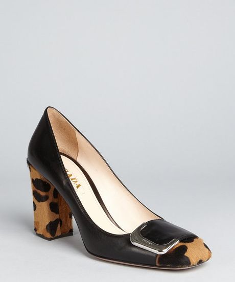 Prada Black Leather Leopard Print Calf Hair Block Heel Pumps in Animal ...