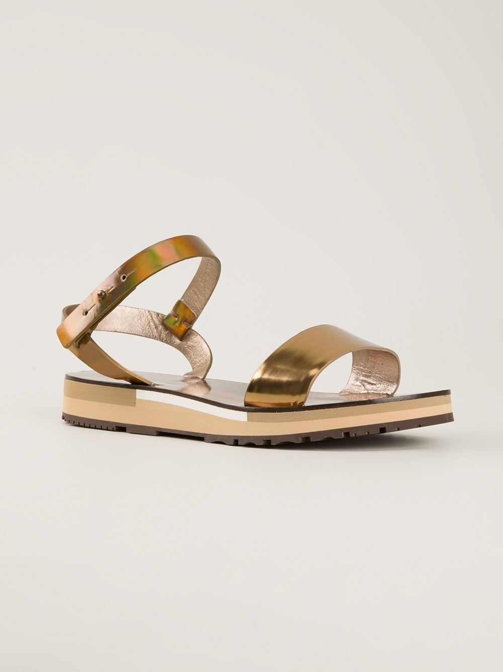 Gold-tone goatskin flat sandal from lanvin featuring an ankle strap ...