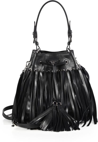 Prada Leather Fringe Bucket Bag in Black (NERO-BLACK) | Lyst