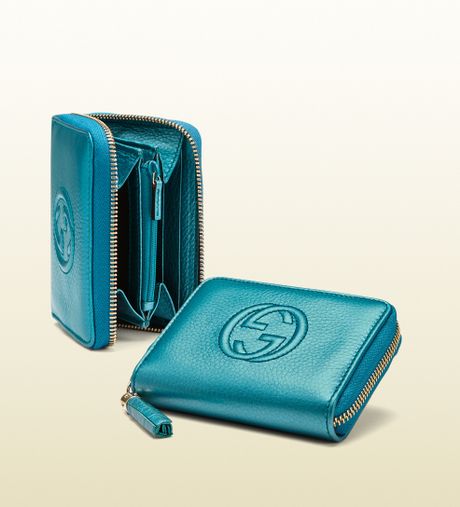 Gucci Soho Metallic Leather Zip Around Wallet in Blue (teal) | Lyst
