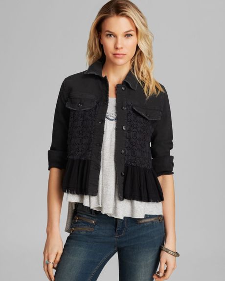 Free People Jacket Denim and Lace Mix in Black (Washed Black) | Lyst
