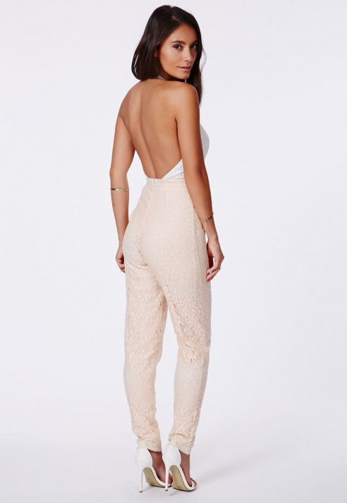 Lyst Missguided Nude Halterneck Lace Jumpsuit In Natural