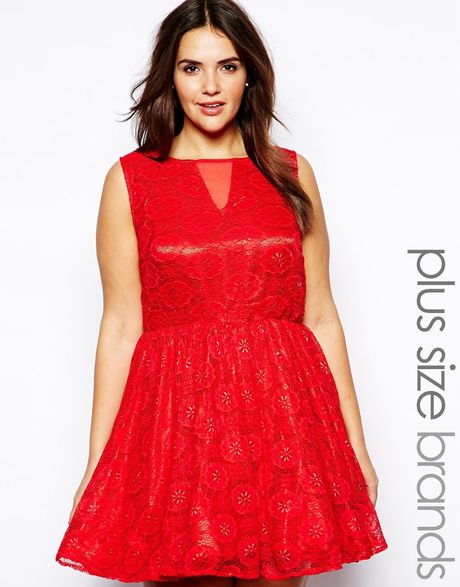 Ax Paris Plus Size Lace Mesh Skater Dress In Red Lyst