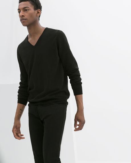 Zara Cotton Sweater with A Vneck in Black for Men | Lyst