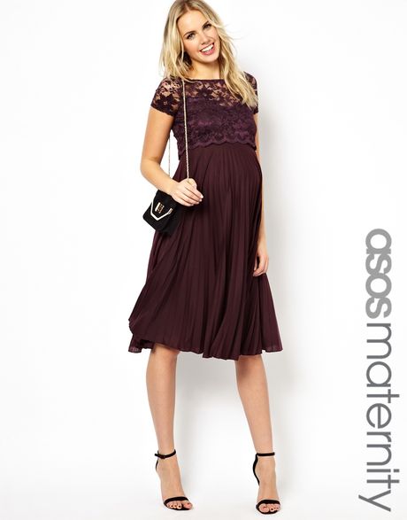 Asos Maternity Pleated Midi Dress with Lace Top in Purple (Wine)