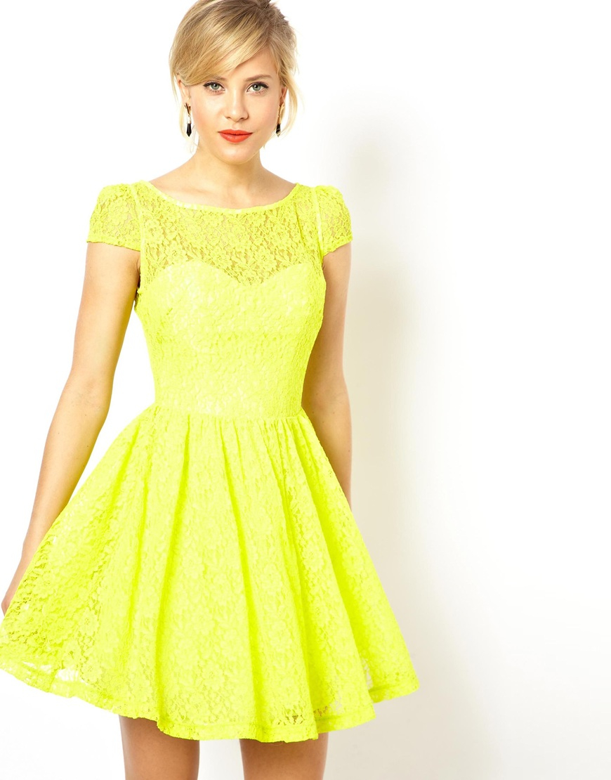 Asos Lace Short Sleeved Skater Dress in Yellow | Lyst